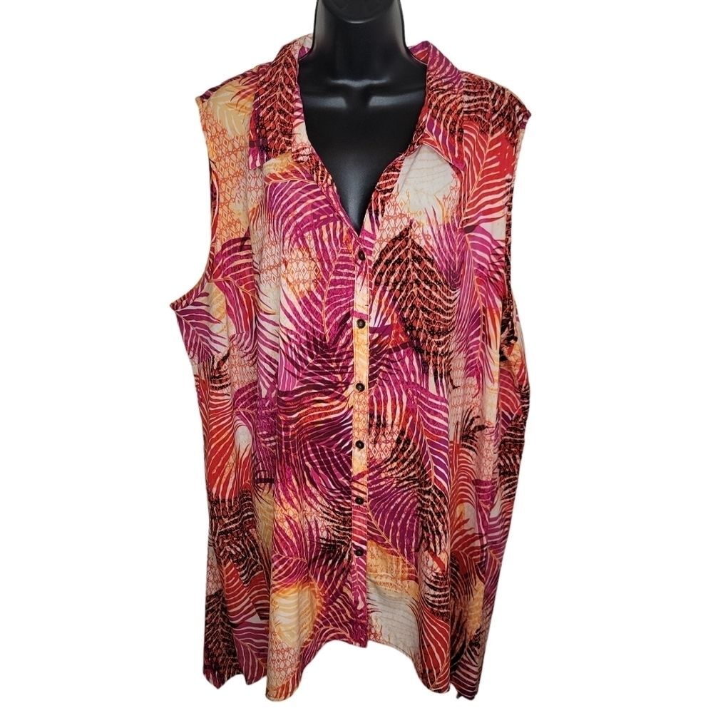Catherines tropical palm leaf print sleeveless button-up top 4x